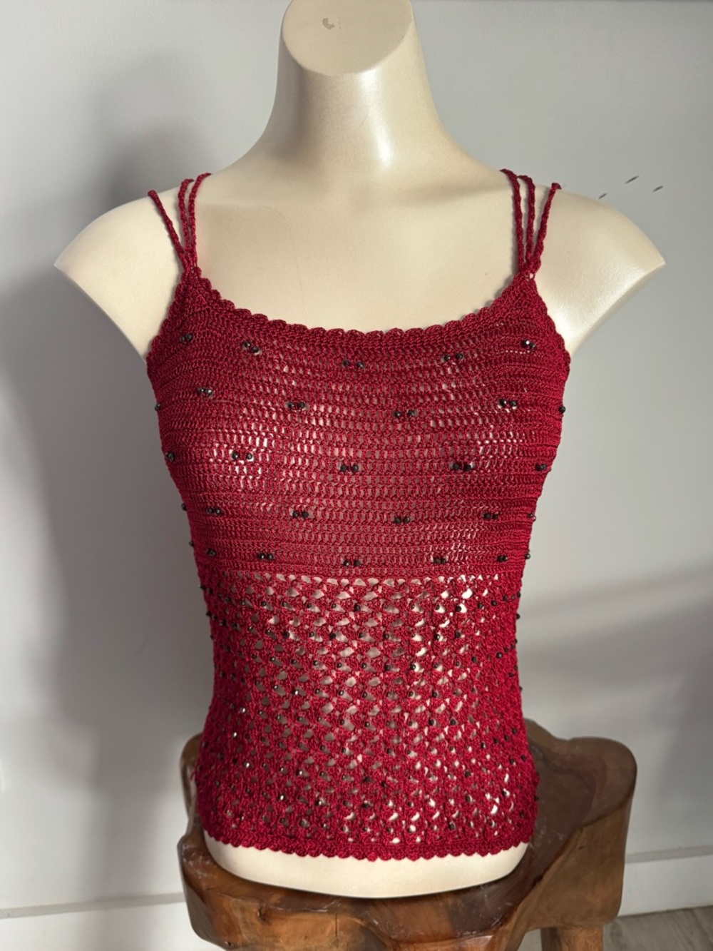 Vintage 90’s Y2K Burgundy Red Crochet Knit Beaded Criss Cross Straps Tank Top XS